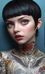 a portrait of a girl with black hair and blue eyes