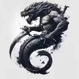 an artistic picture of a demon holding onto a tire
