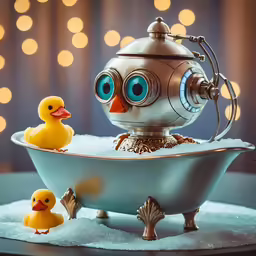 a robot bath tub with three rubber rubber ducks