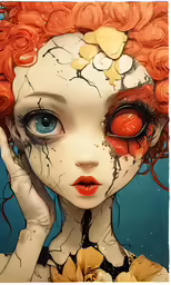 a woman with red hair has painted her face and is holding her head