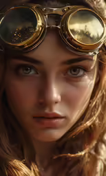 a close up of a woman wearing large brass metal glasses