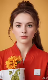 woman in orange shirt holding coffee mug with flower in it