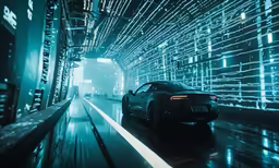 an artistic rendering of a black car in a futuristic city
