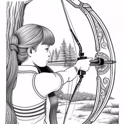 an illustrated drawing of person aiming a bow with her hand,a drawing of a girl with long hair holding a bow and arrow in front of trees
