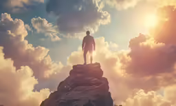 the man standing on a large rock is surrounded by clouds