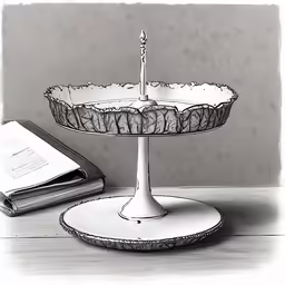 a cake is displayed on a pedestal with an open book