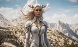 a woman in white and gold outfit on a mountain