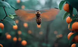 a honeybee flying up through an orange tree