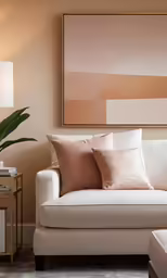 a beige couch has a neutral color scheme and pillows with gold accents