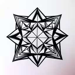 a black and white drawing of an upside down geometric design,a black and white abstract artwork of a star shaped object,an abstract geometric object made from triangles,a large paper star with small white pieces of black material,a black star like design has four triangles