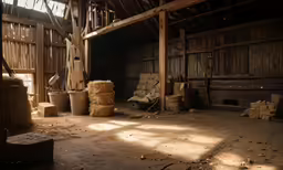 a barn with hay bails and a chair