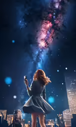a girl in a dress looks at the stars and planets
