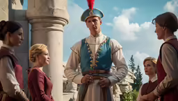 a man in an outfit talking to other women