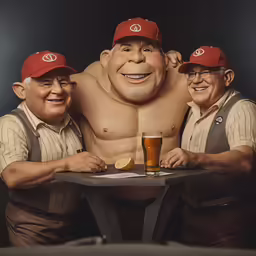 two men pose beside a giant man with a beer and lemon