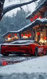 the very nice red car is parked in front of a building