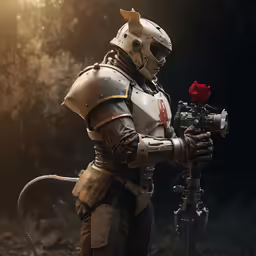 the man in the costume is holding a red rose