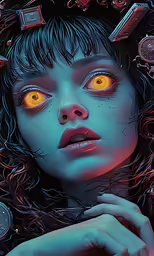an art painting of a woman with glowing eyes