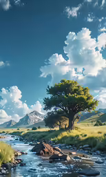 a painting of a landscape of a river and mountains