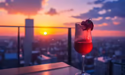 a drink sitting on top of a table next to a city