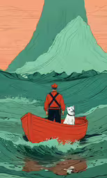 a man in a boat in the ocean with a dog,a man in a red boat with a dog sitting on top of it