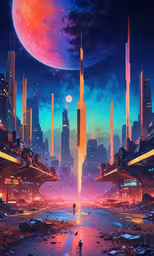 futuristic cityscape with pink planets and blue sky,sci - fi futuristic landscape with man in foreground at night