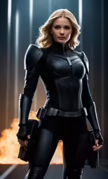 a woman with a gun in a suit