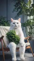 a cat sitting on a wooden chair with a plant