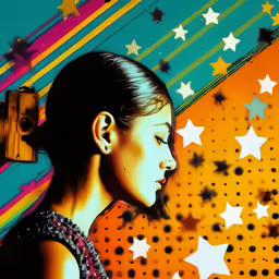 a woman standing next to an orange star