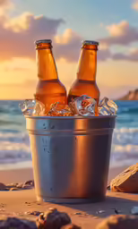 two beer bottles sitting in an ice bucket at the beach