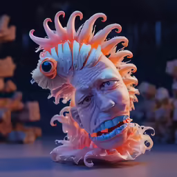 a paper mache of a man with hair and a white mask with orange swirls on it