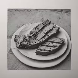 black and white photo of a plate with food