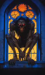 a demonic creature is sitting in front of a window