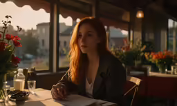 a woman sitting at a restaurant table