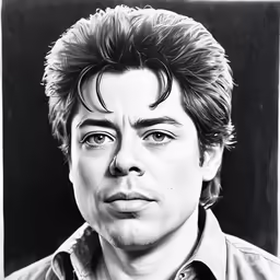 a portrait of a man with black hair and a serious face