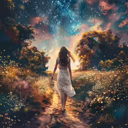 the back end of a girl walking across a pathway,a girl walking in a field with flowers