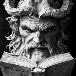 black and white portrait of an evil looking man reading a book