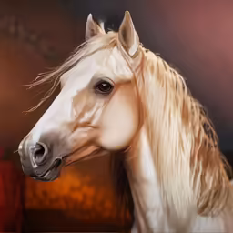 a white horse standing next to a red brick wall