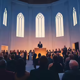 many people in suits standing and sitting around a podium