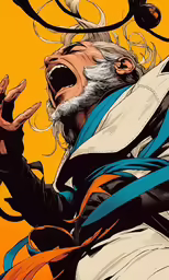 an older man with white hair and a beard shouting