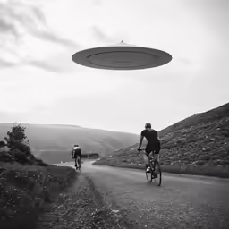 two bicyclists ride down the road towards a large object hovering above
