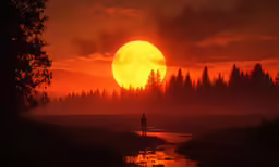 a man stands on a bridge looking at a yellow sun