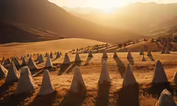 a group of tall rocks standing next to a hill