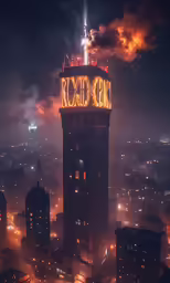 a skyscraper with the words, receding lit up at night
