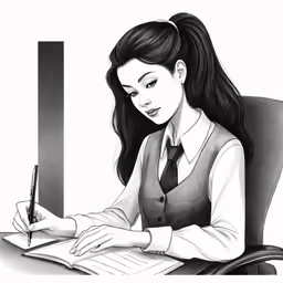 a drawing of a girl doing work on a computer