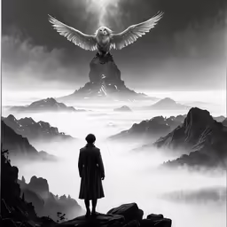 a man stands at the edge of a mountain and looks out at an eagle over a misty valley