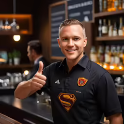 a bar worker gives the thumbs up with his hand