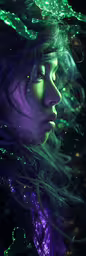 a digital painting of a woman with hair blowing in the wind,the young girl in the green dress has green hair