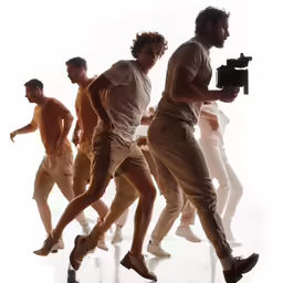 a group of men wearing shorts and walking around