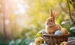 a small rabbit sitting in a basket with some blue and green apples