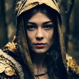 a beautiful young woman with brown hair wearing a brown cloak and a golden hood